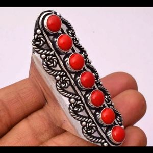New 7 Stone Coral Adjustable Silver Statement Ring.